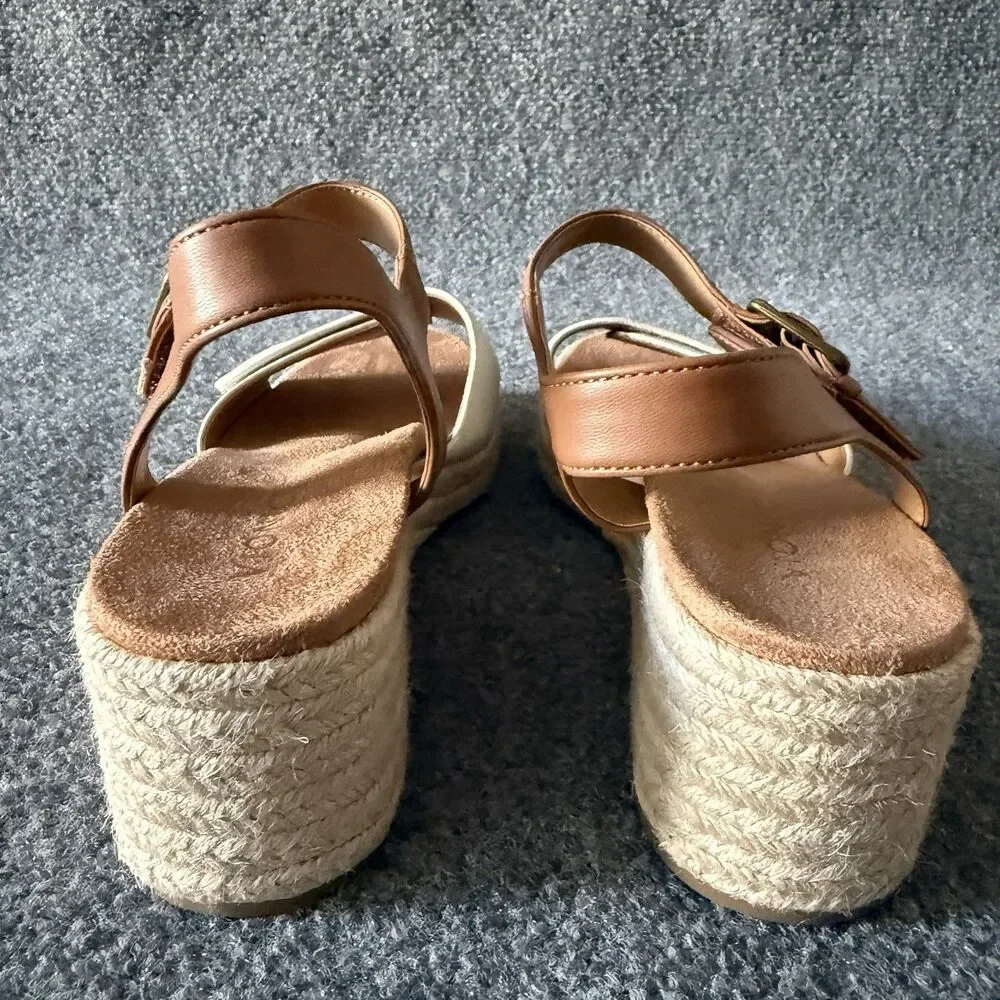 Vionic Sable Brown White Leather Espadrille Wedge Sandals Womens 9 Boho Comfort